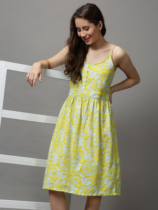 Shoulder Straps Printed Fit and Flare Yellow Dress