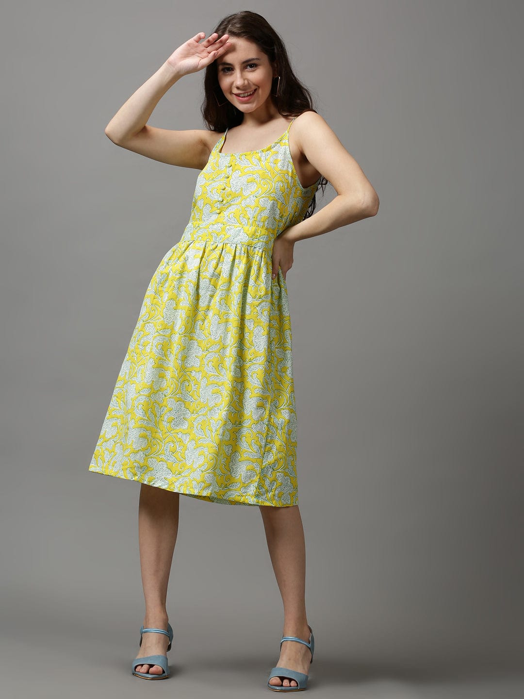 Shoulder Straps Printed Fit and Flare Yellow Dress