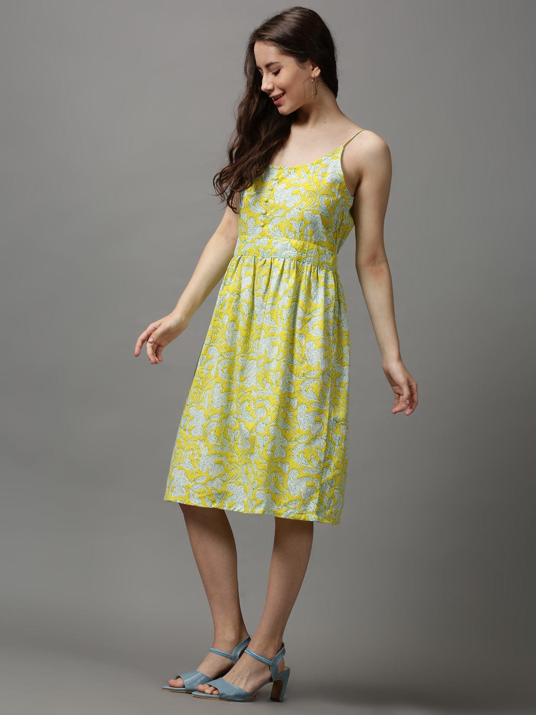 Shoulder Straps Printed Fit and Flare Yellow Dress