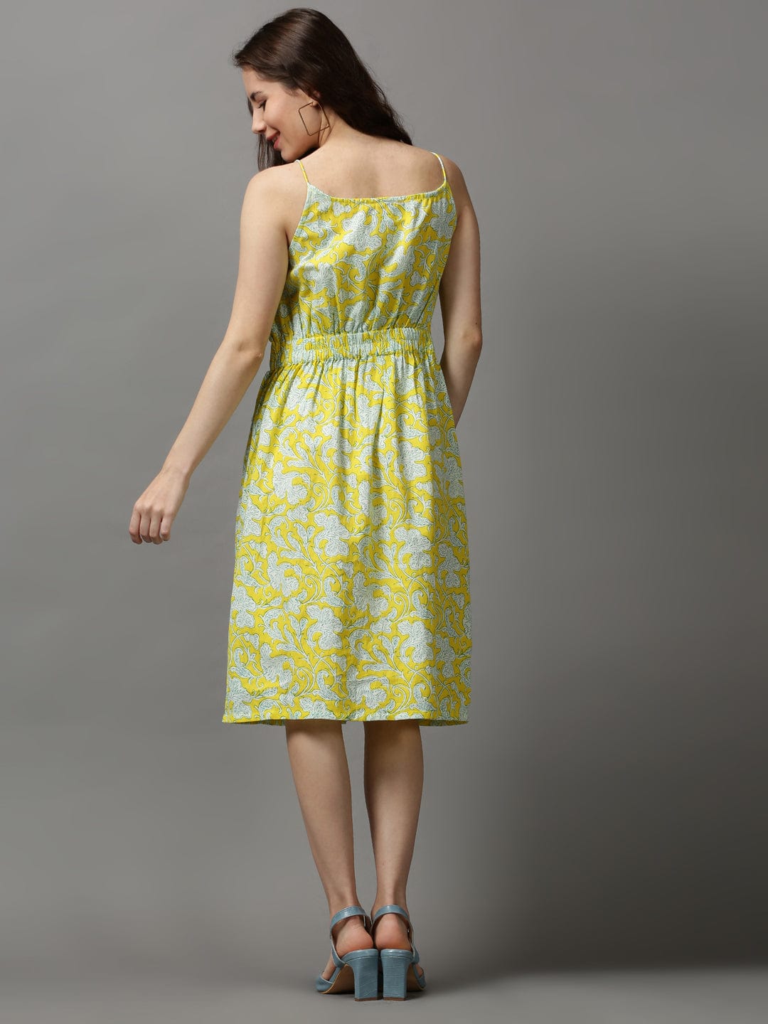 Shoulder Straps Printed Fit and Flare Yellow Dress