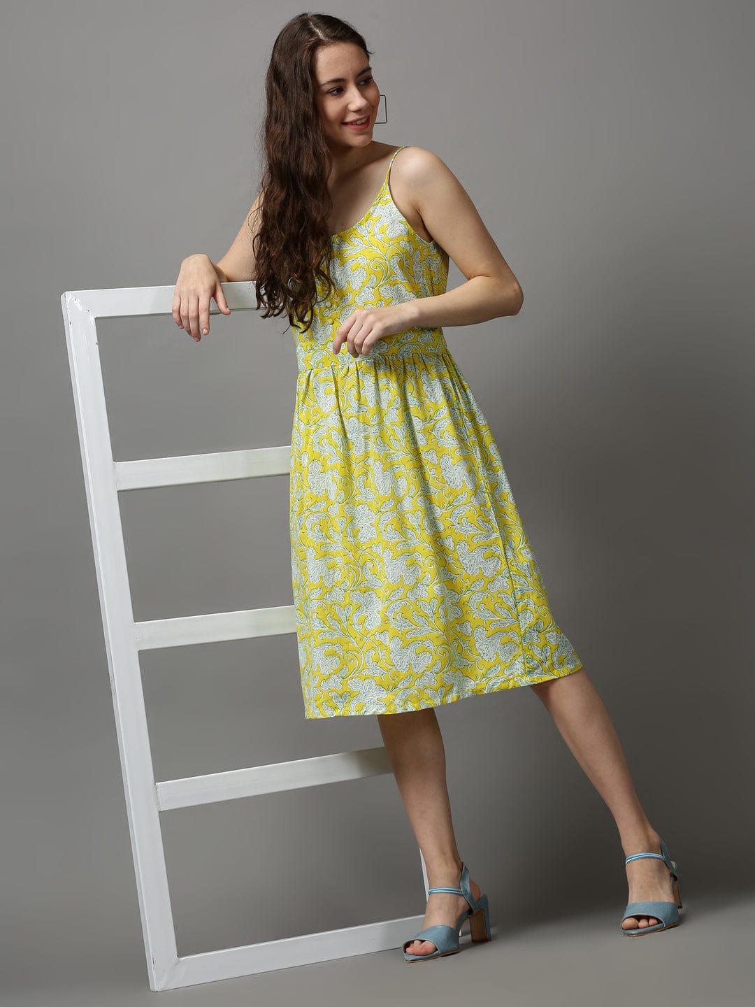 Shoulder Straps Printed Fit and Flare Yellow Dress