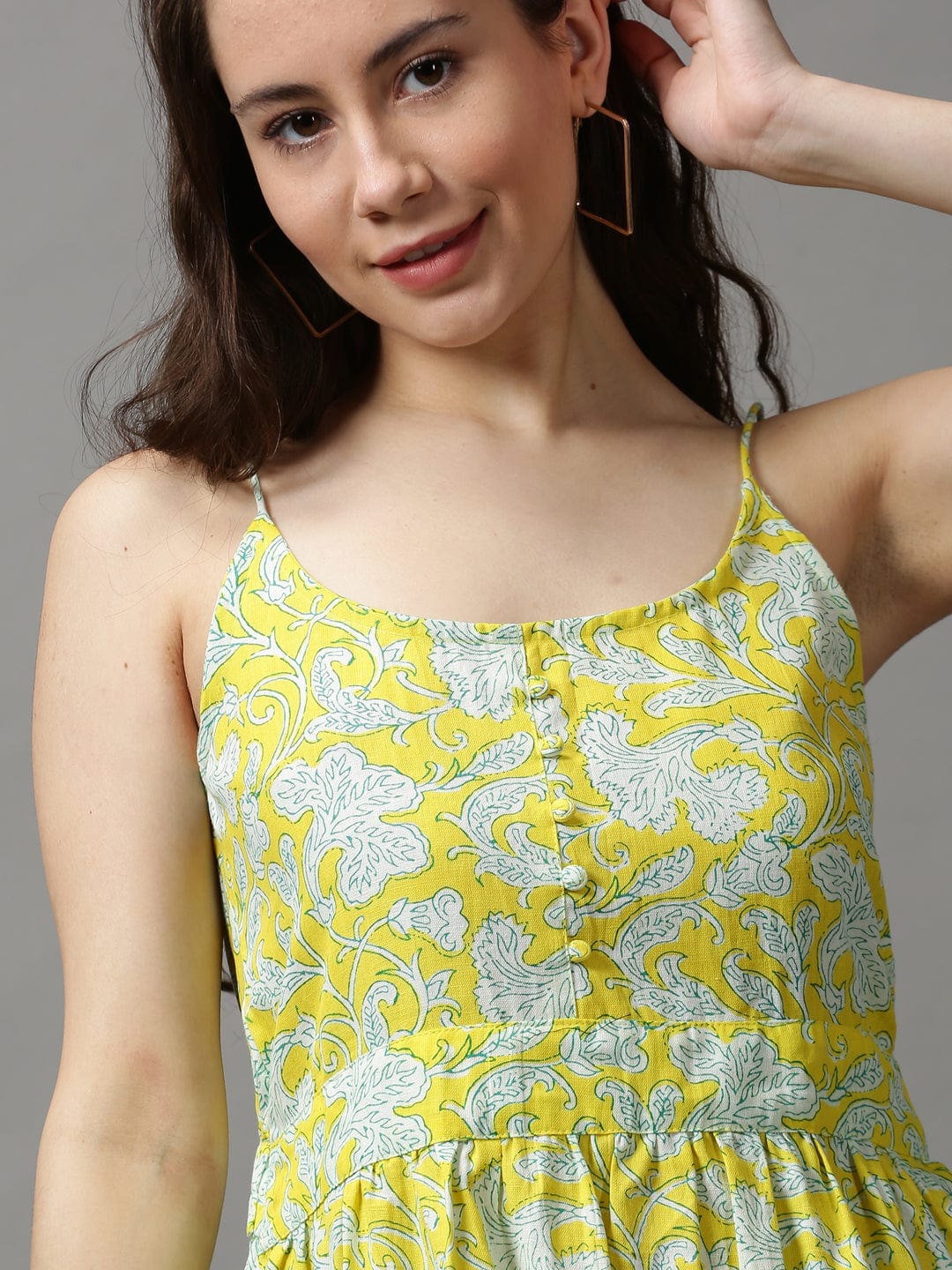 Shoulder Straps Printed Fit and Flare Yellow Dress